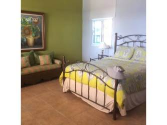 Bedroom with twin beds green accent wall and garden view in Costa Esmeralda beach house Panama