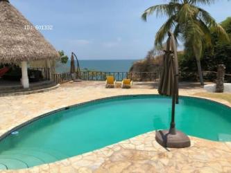Freeform pool with terrace sun loungers palm trees ocean backdrop Costa Esmeralda Panama