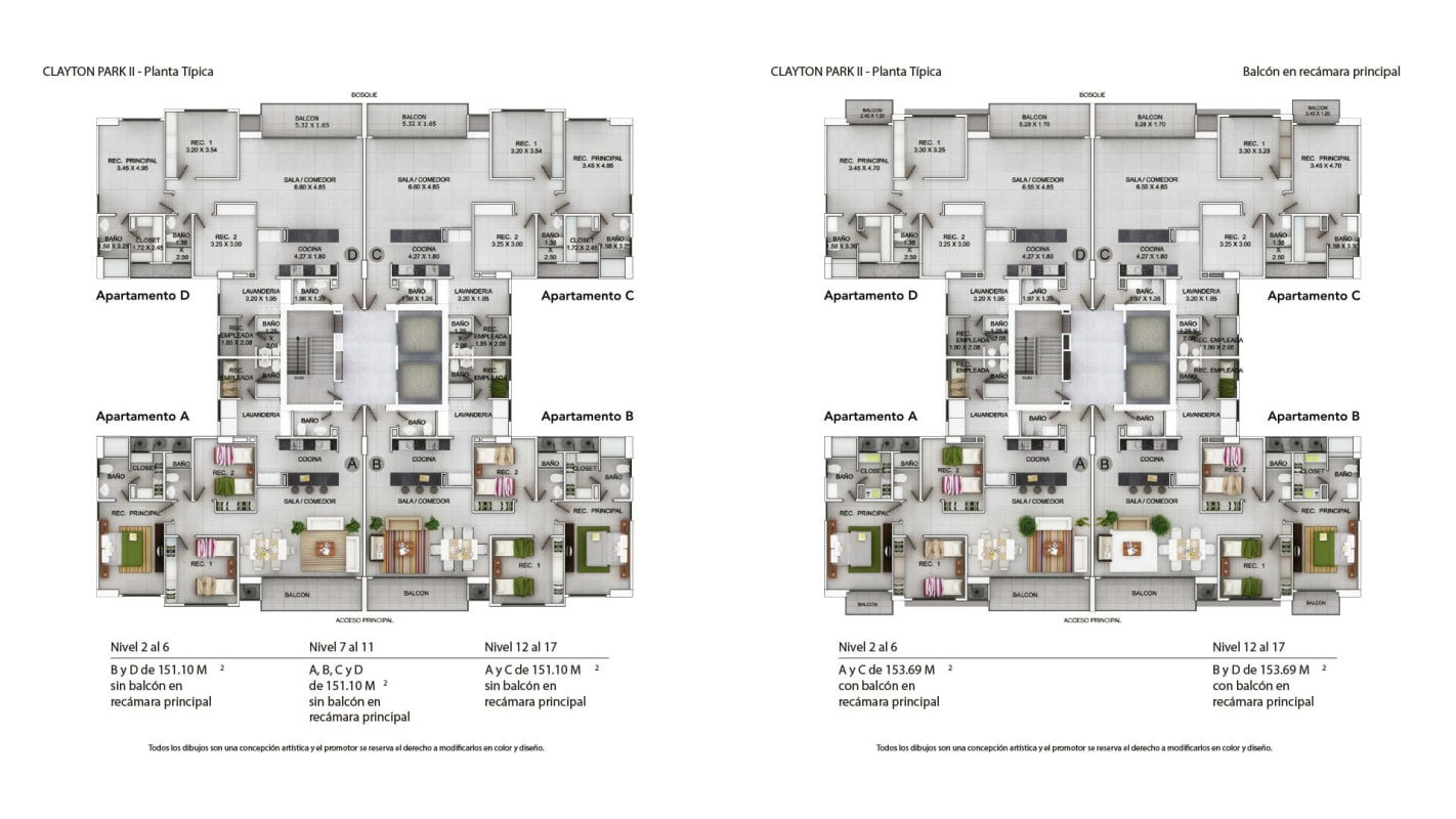 Different floor plans of Clayton Park II apartments showing 2 and 3 bedroom layouts Panama