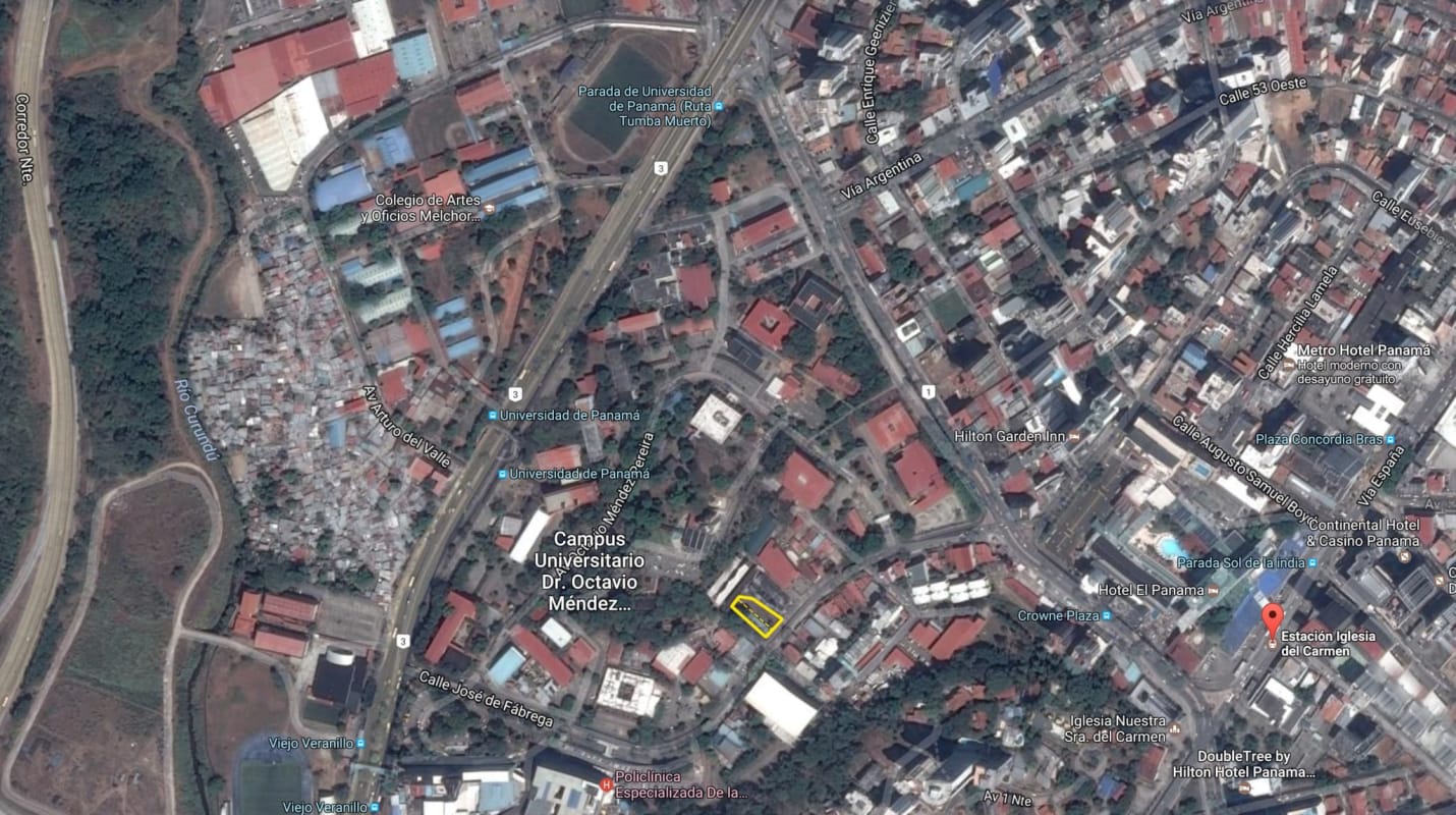 Urban aerial view with highlighted 24m x 30m land lot near University of Panama, hotels, commercial district in Bella Vista