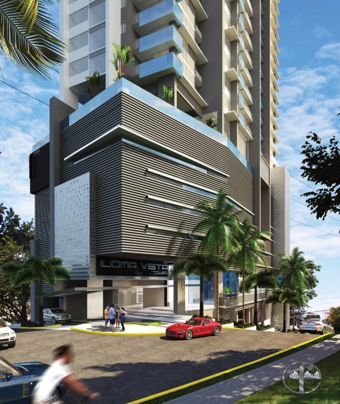 Bedroom with large window overlooking Panama City skyline minimalist decor Loma Vista Tower Hato Pintado