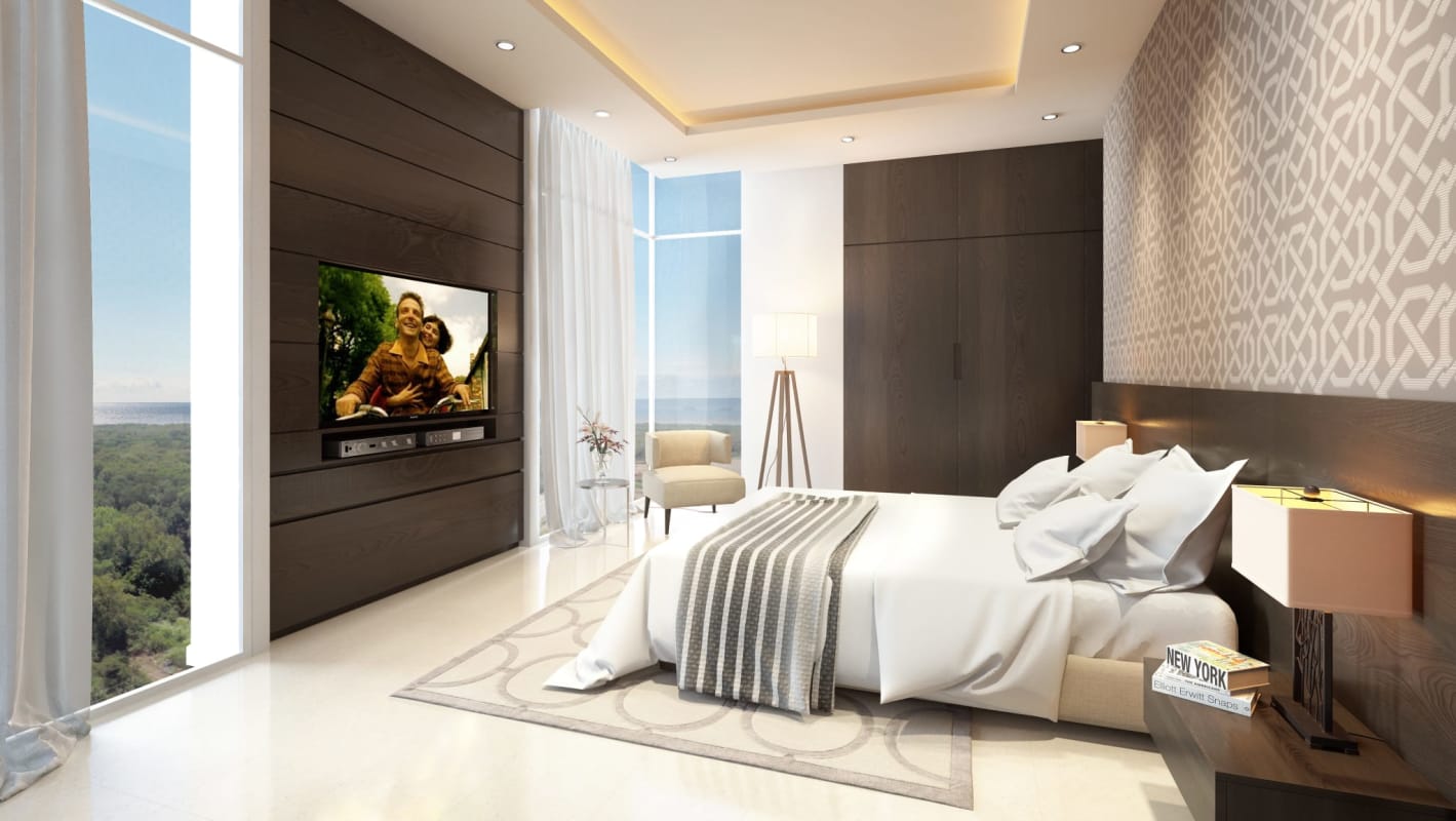 Modern bedroom with floor-to-ceiling windows overlooking golf course in Santa María Panama