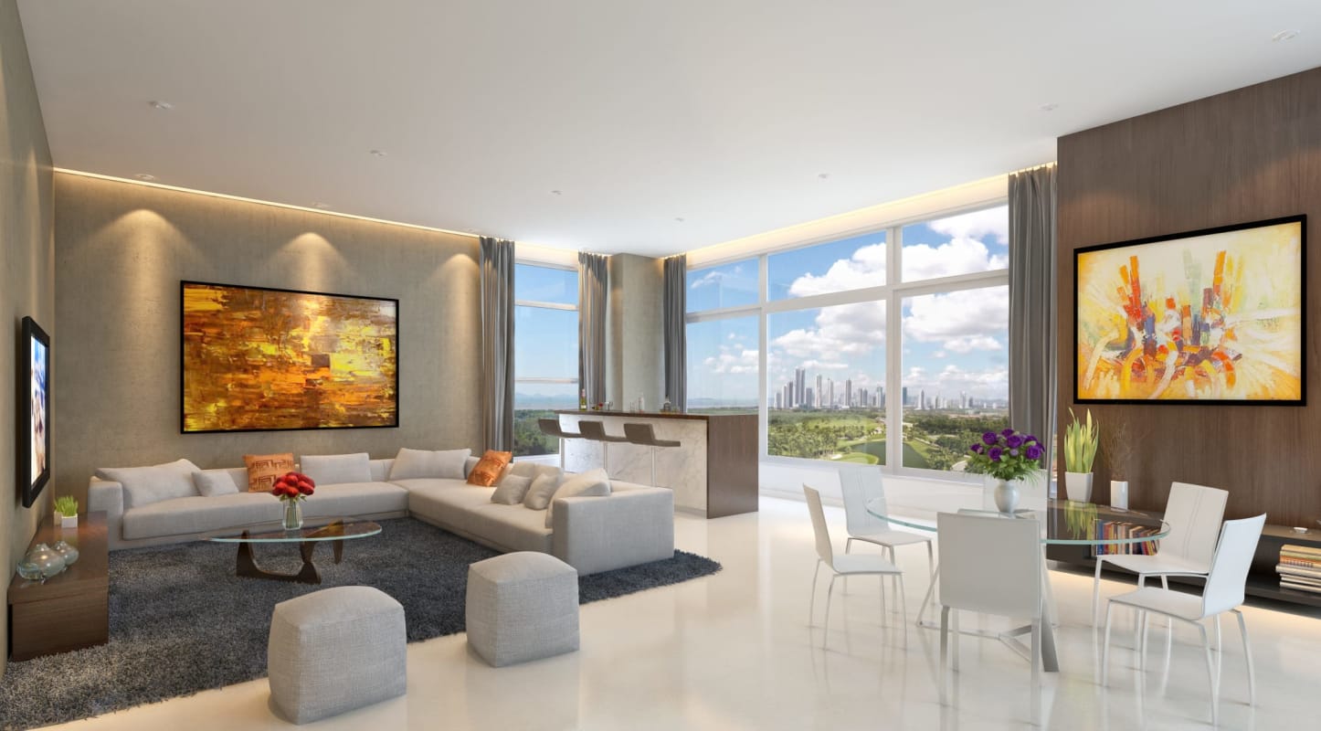 Modern open-plan living space with city and golf course view windows in Santa María Panama luxury apartment