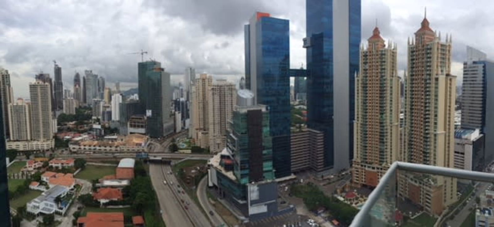 Aerial skyline view from balcony of Loft 41 Punta Pacífica luxury apartment Panama City