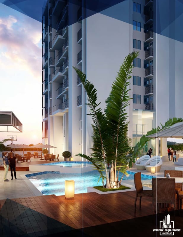 Modern swimming pool with wooden deck, palm trees and lounge at Park Square apartments Panama City