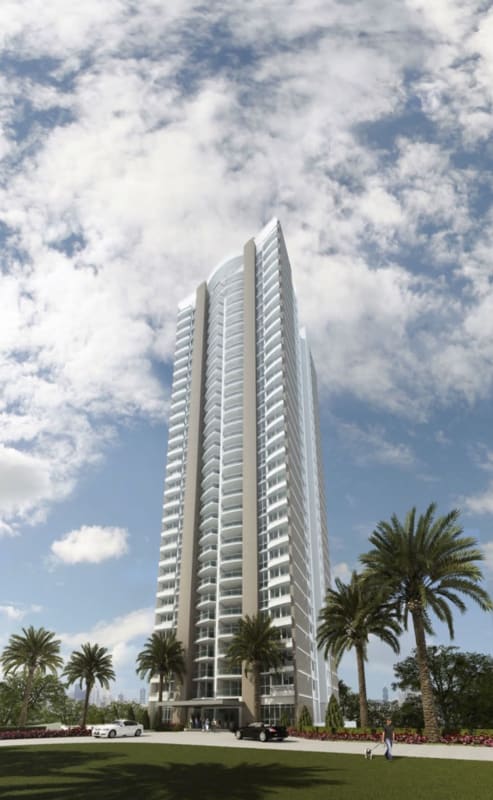 Open concept living dining room bright modern furniture Mei Tower Villa de las Fuentes Panama