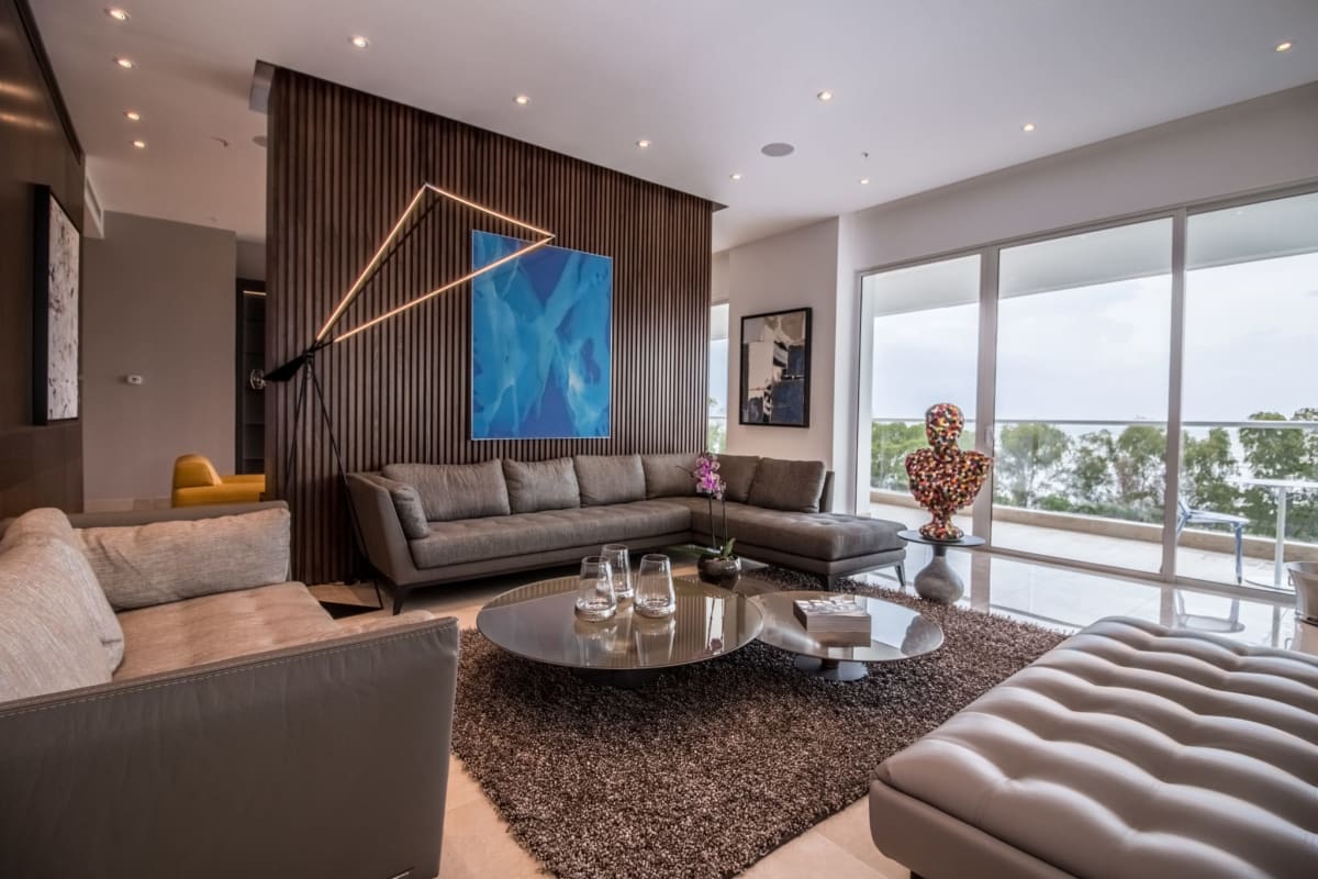 Grand double height luxury lobby at PH Marea II Costa del Este with designer architecture