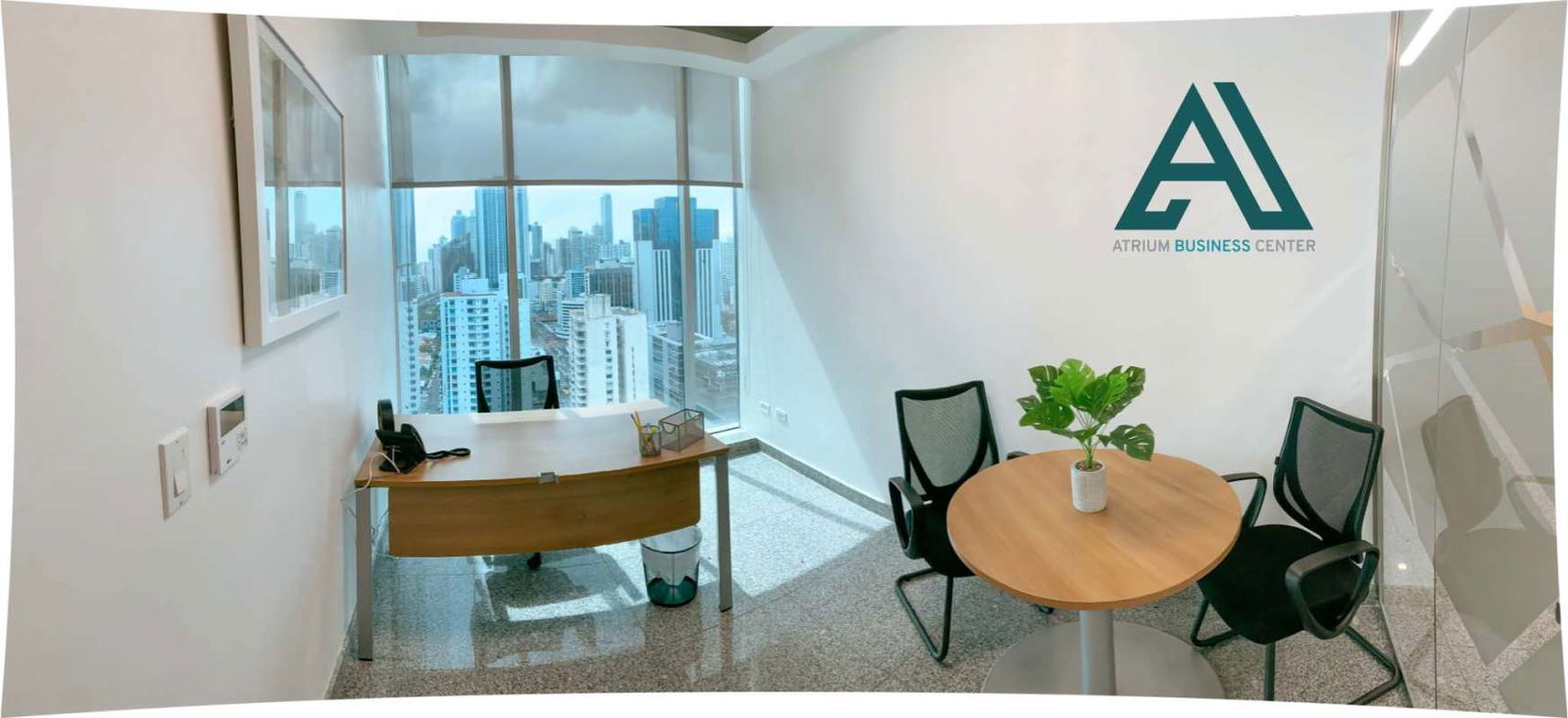 Panoramic city skyline views from high-rise office Atrium Tower Panama City