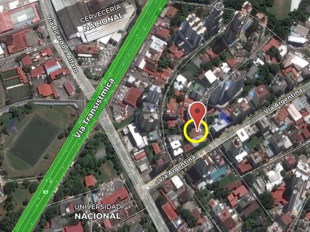Satellite view pinpointing development land near Via Argentina, close to University and banking district in Panama City