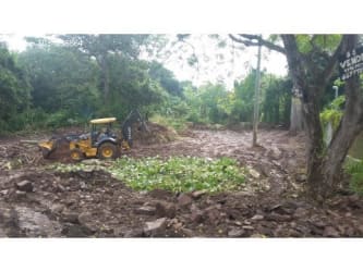 Vacant lot with dirt path, bulldozer activity, and surrounding natural vegetation in Bejuco Chame Panama