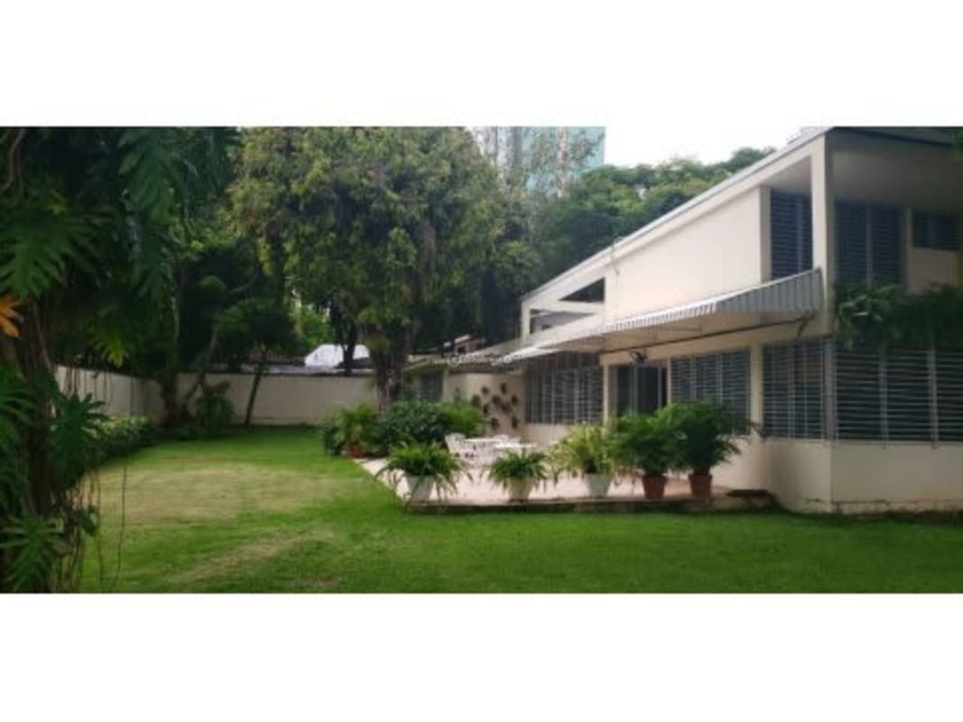 Large garden backyard with trees grass patio in house for rent Obarrio Panama City