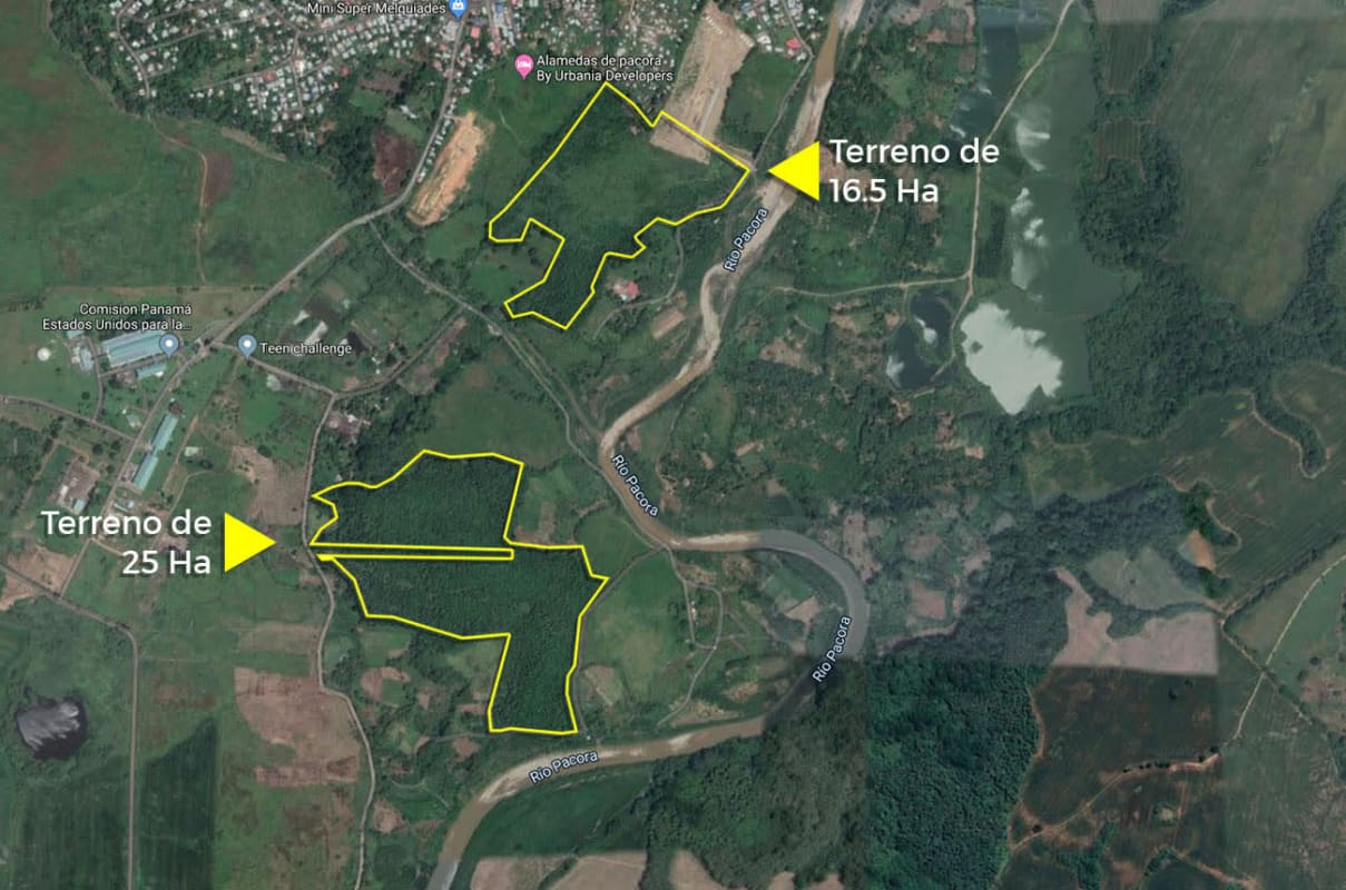 Aerial view with outlined plots near river green surroundings Pacora Panama