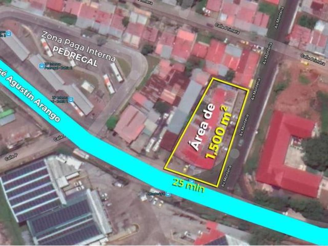 Aerial corner view of commercial land 1500m2 Pedregal Panama along Avenida José Agustín Arango