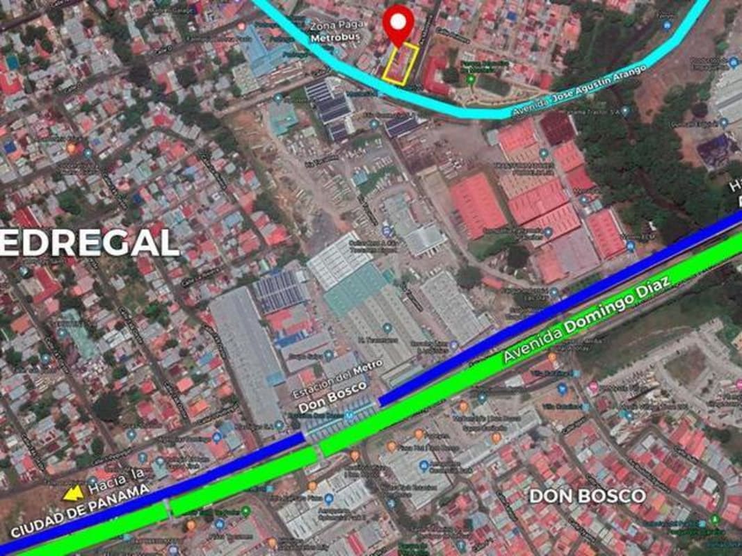Aerial satellite view highlighting transportation routes and Pedregal commercial property location with Metro station nearby Panama City