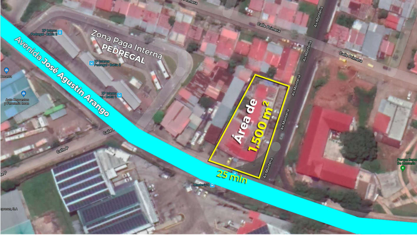 Aerial with highlighted commercial property boundaries on Avenida José Agustín Arango Pedregal Panama