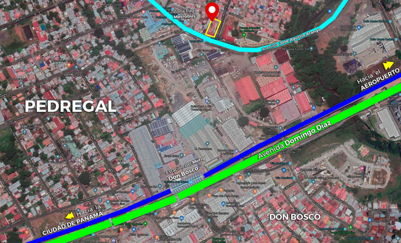 Satellite image showing Pedregal Don Bosco neighborhoods, Metro lines, transit routes Panama