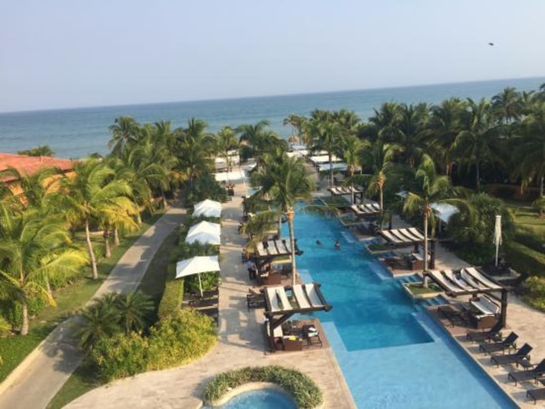 Aerial view luxury resort infinity pool with oceanfront location, palm trees Buenaventura Panama