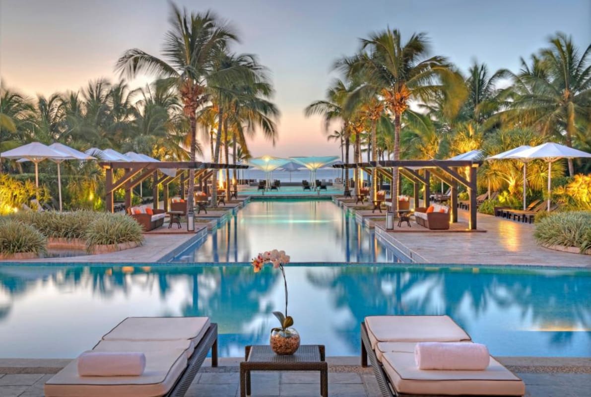 Elegant white villa with terracotta tile roof, curved swimming pool, palm trees and tropical garden