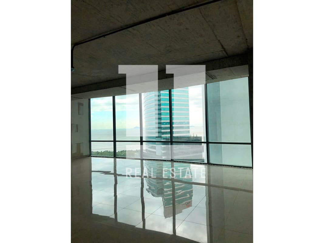 View from unfinished high-rise office with polished floors and city skyline Financial Park Panama