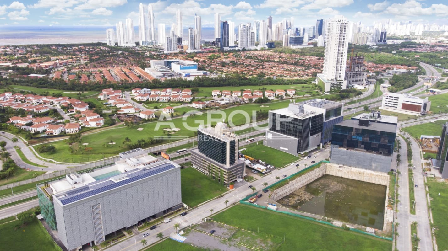 Golf course, highway, commercial buildings and open land in Santa Maria Panama