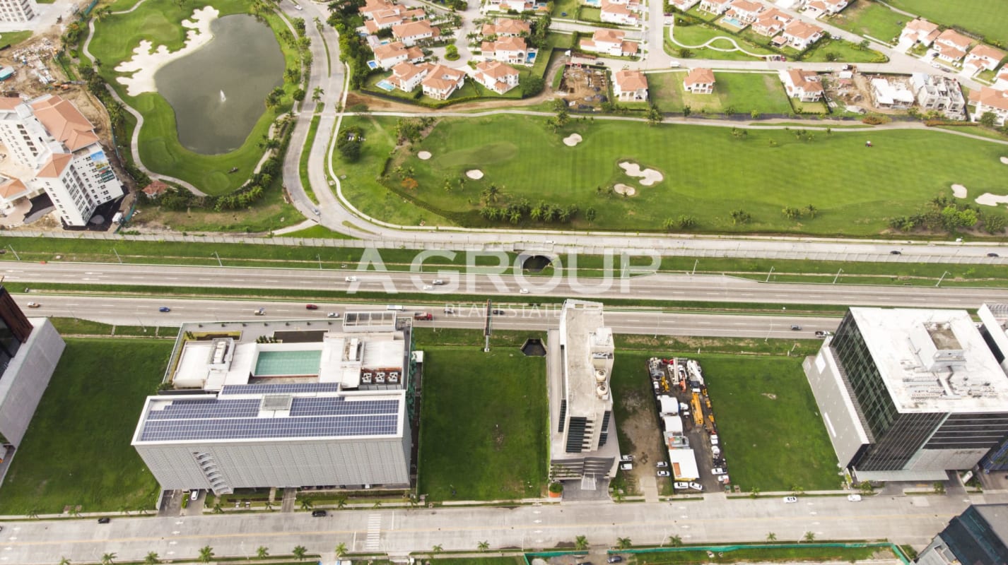 Aerial vacant commercial land frontage on Corredor Sur near golf in Santa Maria Panama