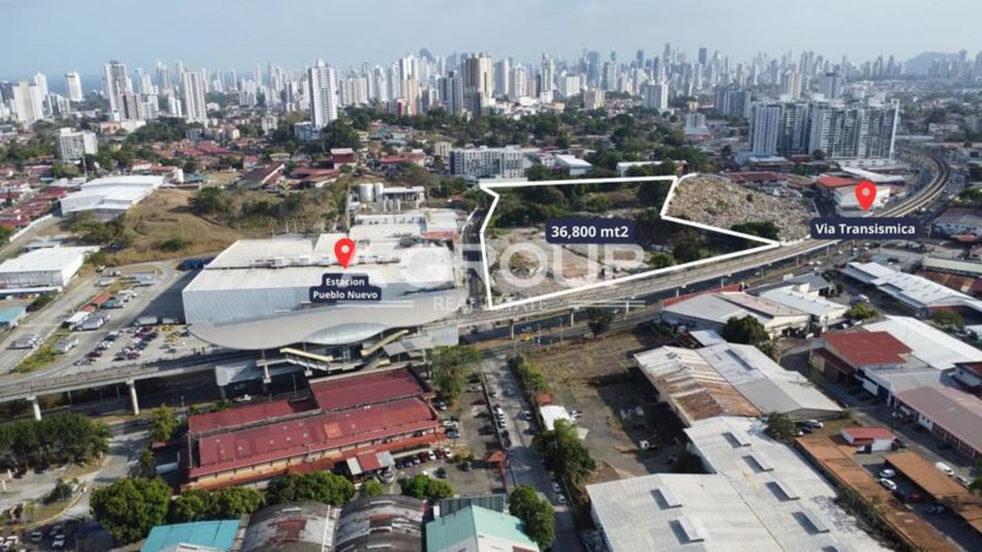 Panoramic aerial image of strategic 36,800 m2 commercial residential land Via Transismica Panama City with skyline view