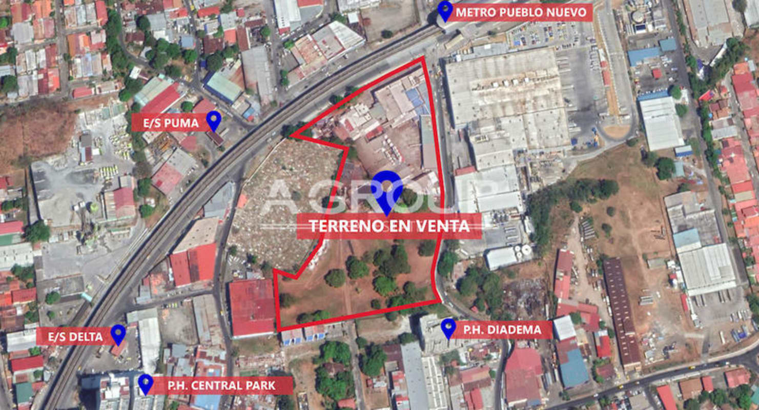 Aerial outline of vacant lot zoned mixed use near Metro and commercial area Panama City