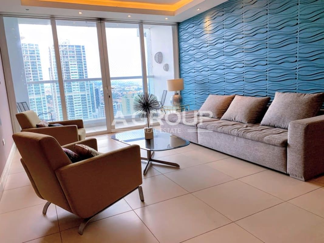 Spacious modern living room with panoramic city views large windows PH Country Club Costa del Este Panama