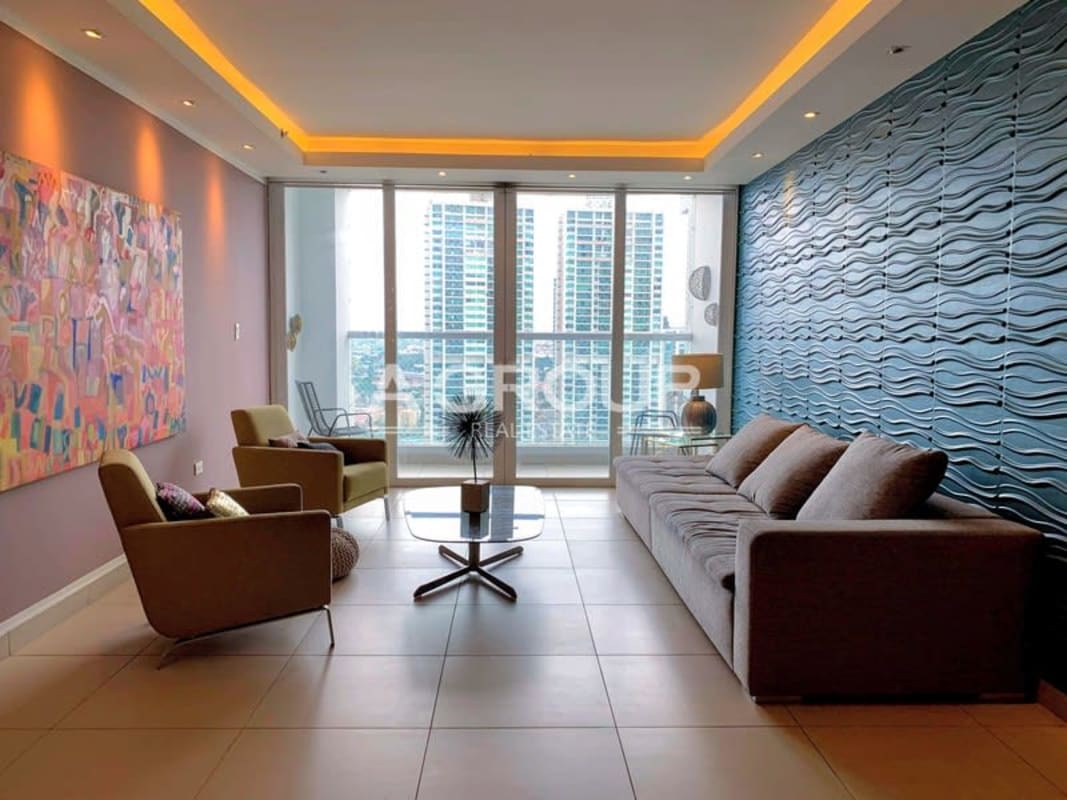 Kitchen area with granite countertops, L-shape design, ocean view PH Country Club Costa del Este Panama