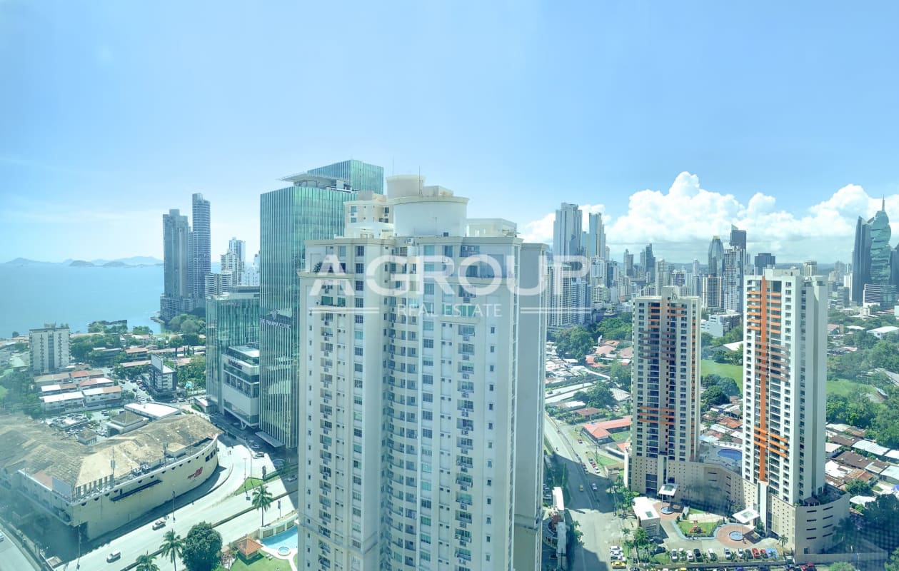 Skyline of Panama City with ocean, skyscrapers around Punta Pacifica and Oceania Complex