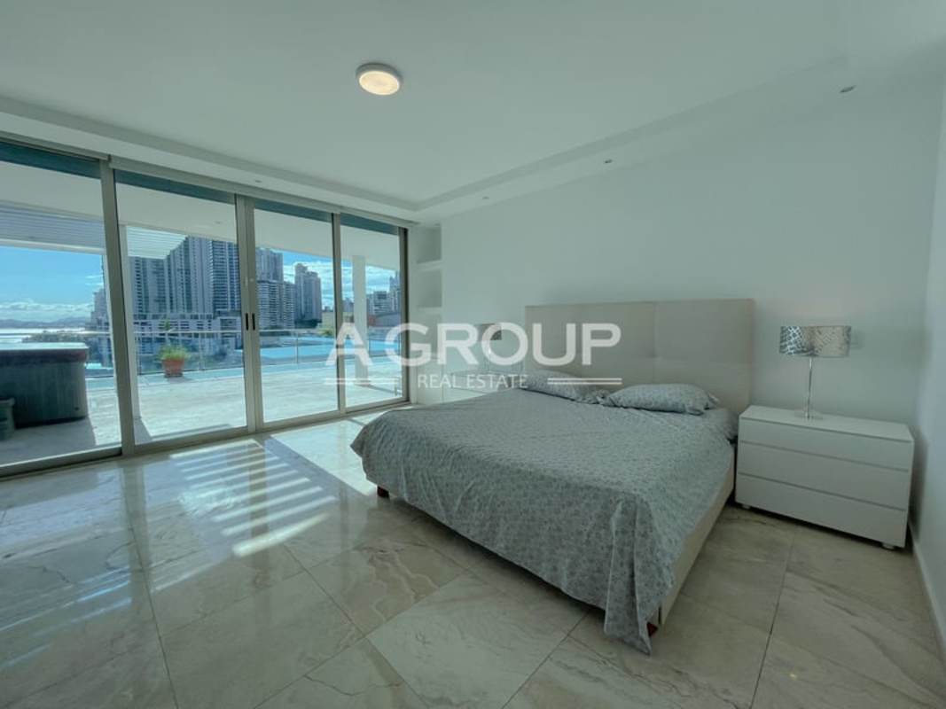Luxury master bathroom with double sink, granite, glass shower at PH Aqualina Punta Pacifica