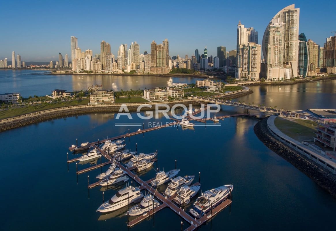 Aerial view of Ocean Reef marina with skyline backdrop, Panama City luxury artificial islands