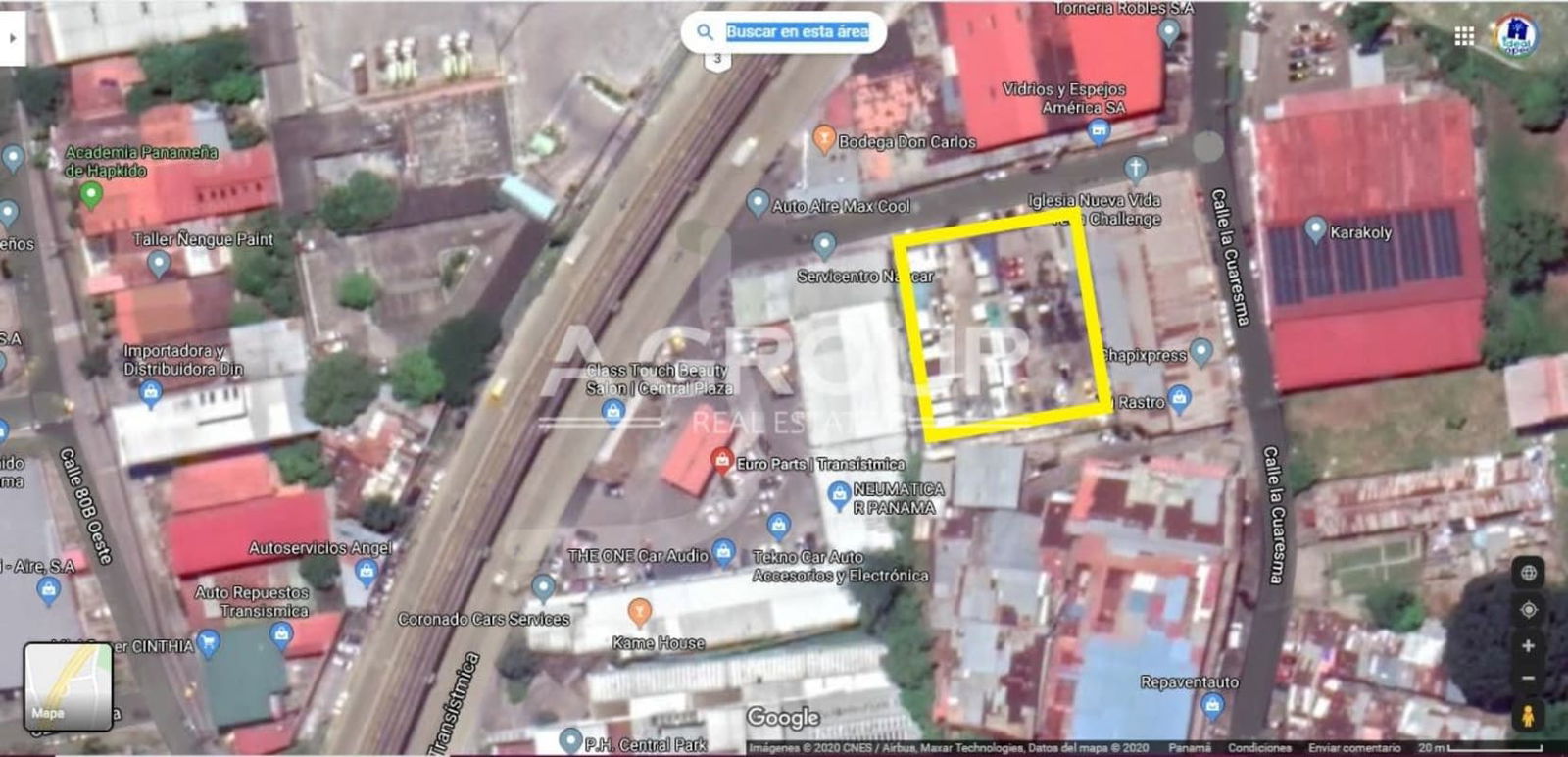 Overhead satellite image of 2,000 m² commercial plot near Transístmica in Panama City
