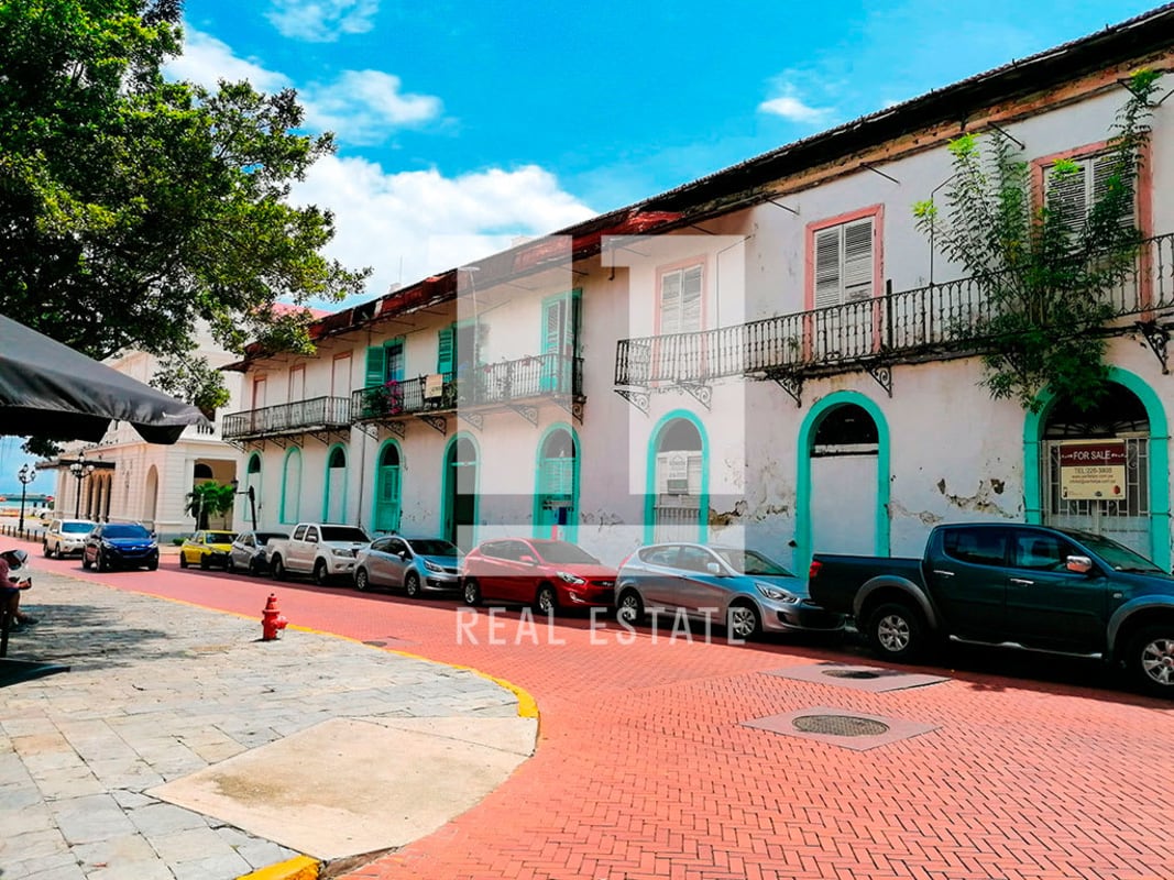 View of colonial balconies and arches ready for restoration Casco Viejo Panama