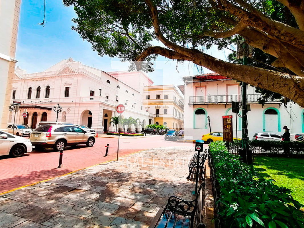 Colonial bright facades with balconies Casco Viejo Panama historic center