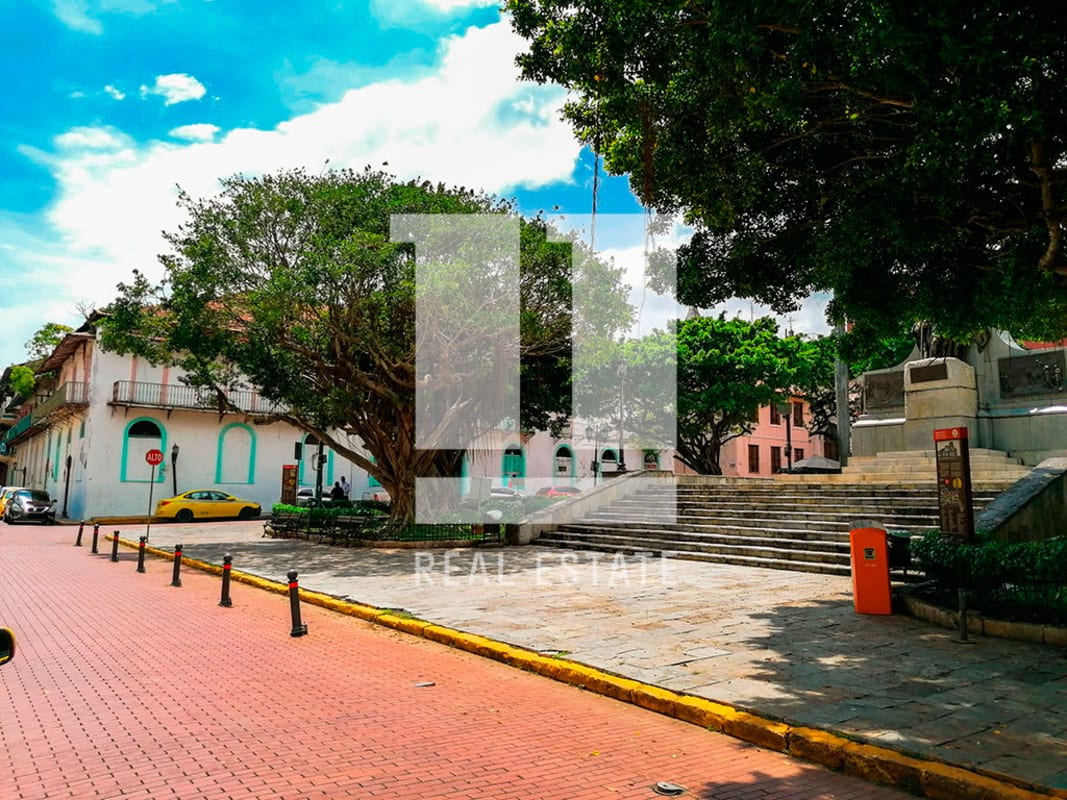 Exterior corner colonial building with balconies Casco Viejo Panama ready for renovation
