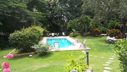 Swimming pool with tropical landscaping and covered terrace Punta Barco Panama