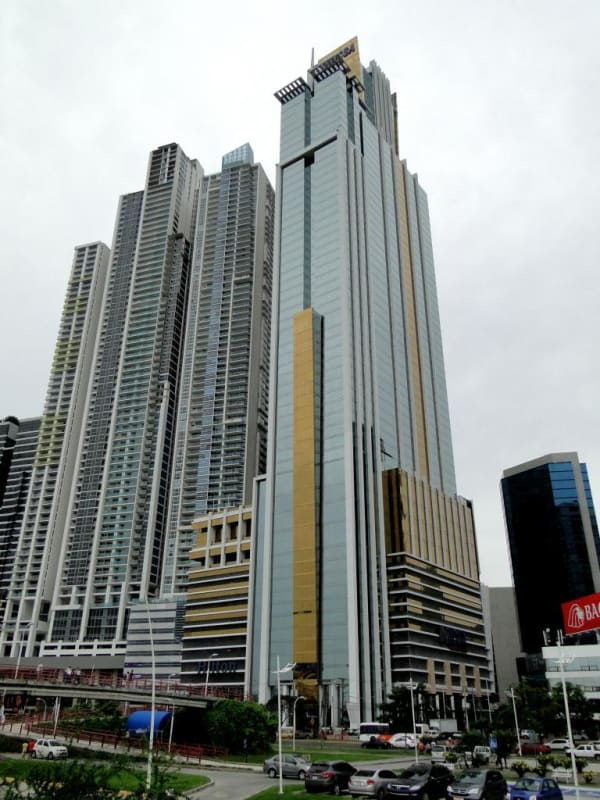 Skyview of PH BICSA Financial Center Tower glass facade on Avenida Balboa Panama City