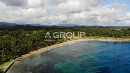 Panoramic aerial coastline with sandy beach, lush forest and ocean Bahía Villareal Palenque Colon Panama