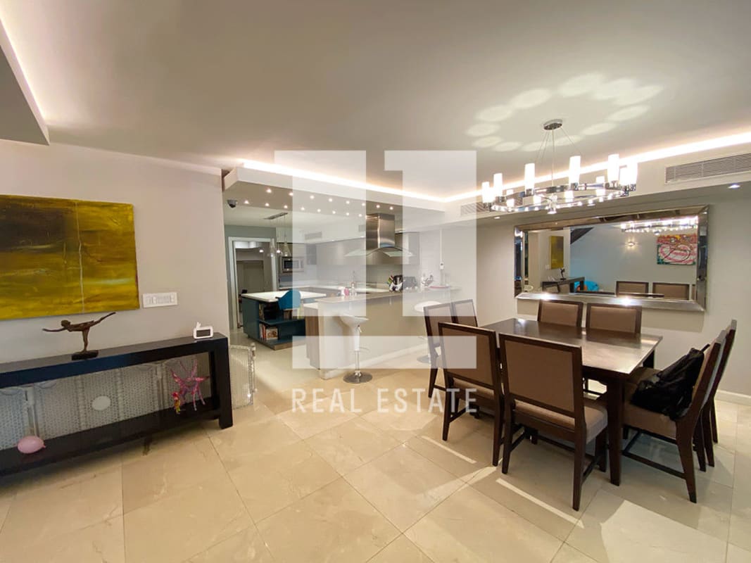 Elegant living room with marble floors in luxury Punta Paitilla house Panama City