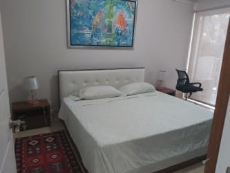 Bedroom with upholstered bed, abstract art, blinds in rental apartment Puntarena at Buenaventura Panama