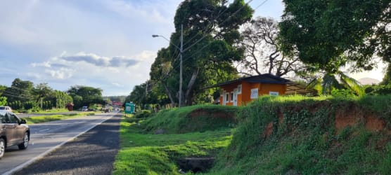 Single-story orange house with trees and highway frontage in Sajalices Chame Panama