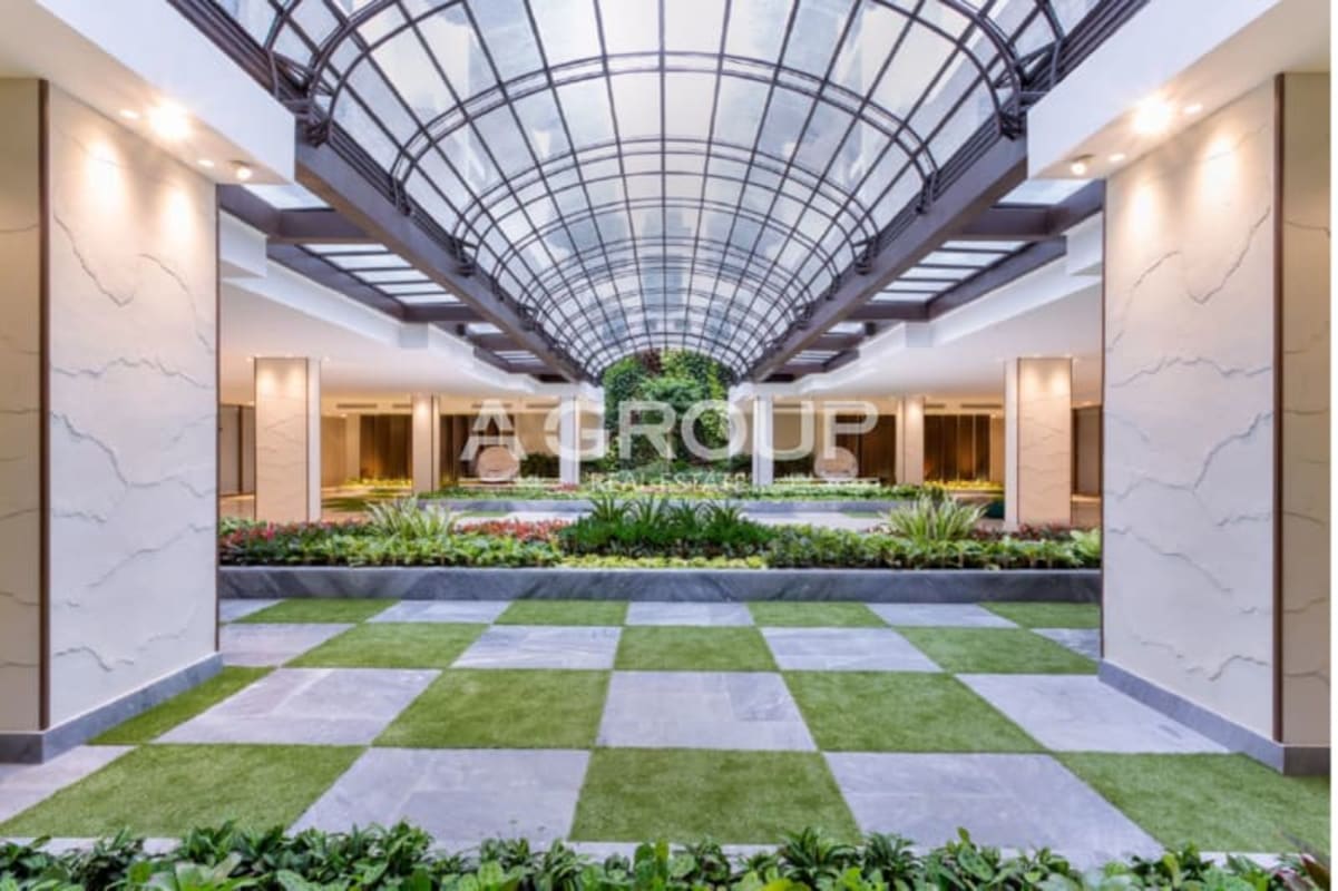Indoor atrium space with landscaped garden marble pillars at Ocean Reef Islands Panama