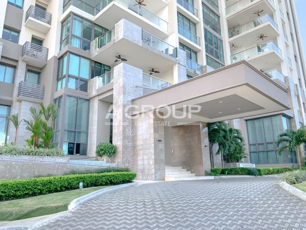 Luxury high-rise Valery Point tower exterior with landscaped entrance Santa Maria Panama