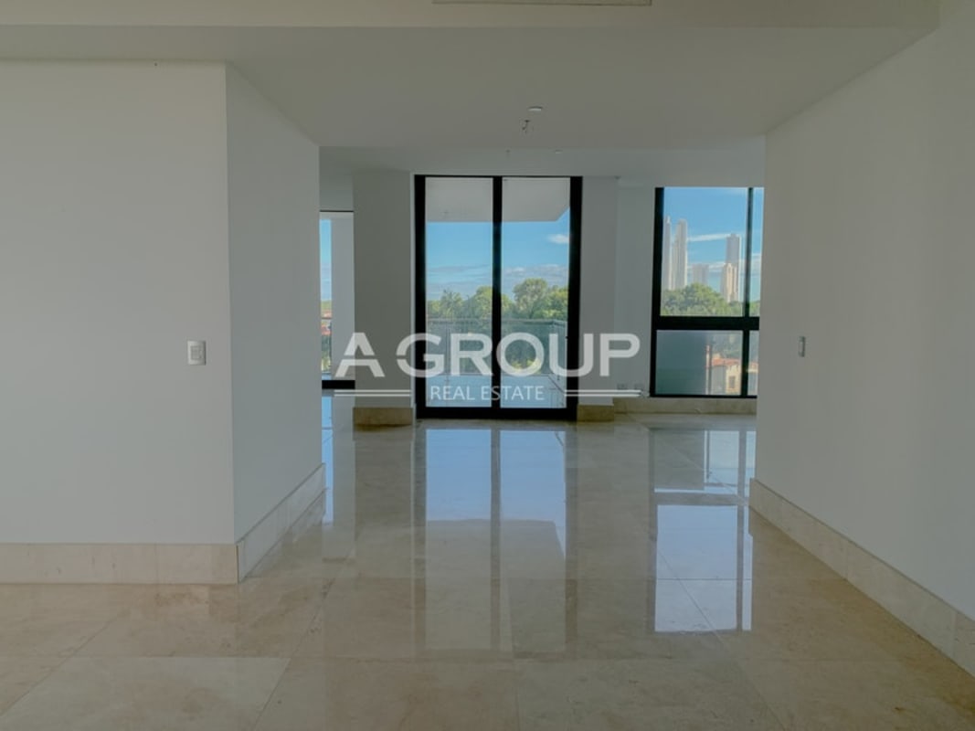 Bright open space living room marble floors large windows Valery Point Santa Maria Panama