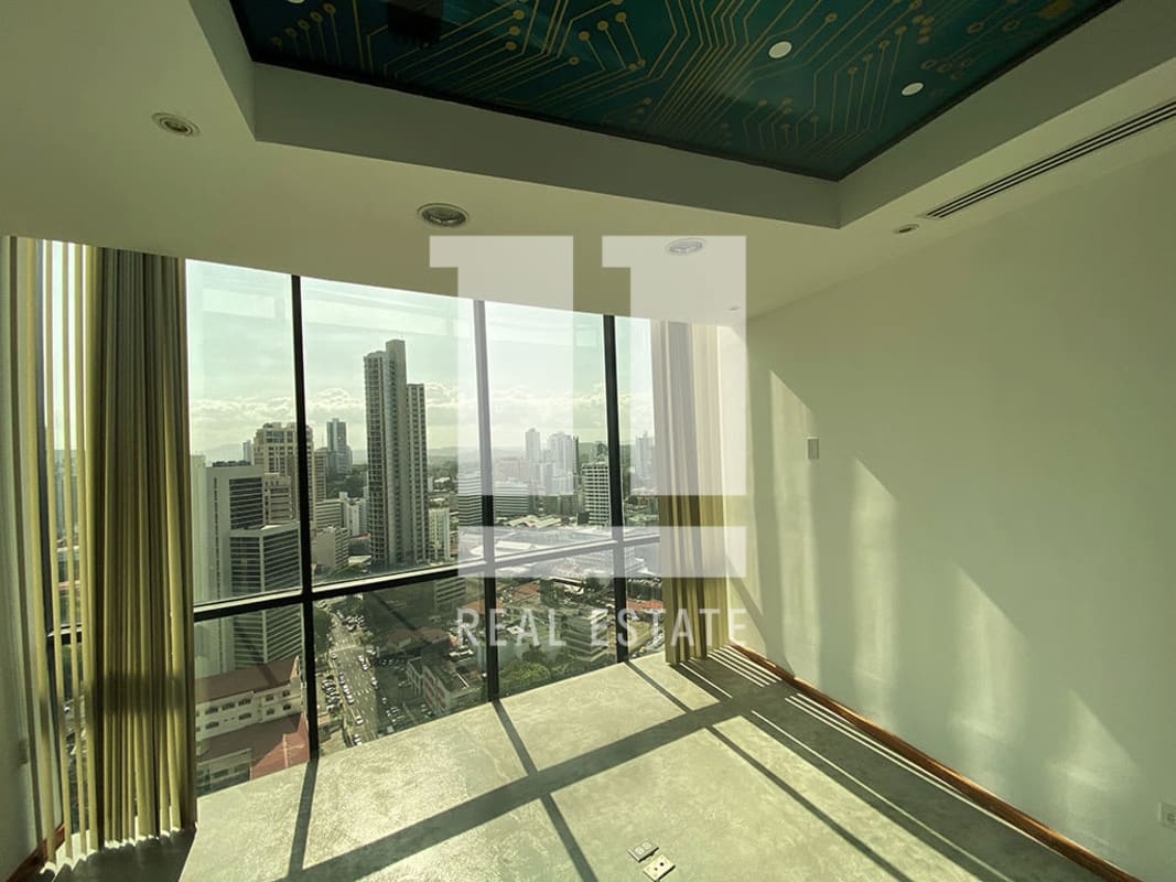 Office suite with wood plank accent wall, black shelving, industrial lighting in PH Torre Generali Obarrio