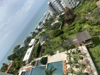 Infinity swimming pool surrounded by palm trees and tropical gardens facing ocean at PH Río Mar Panama