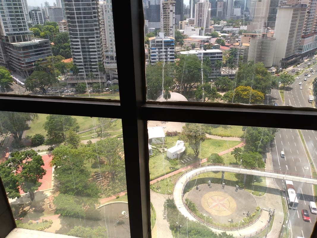 City and Cinta Costera park view through large windows office PH BAC Tower Avenida Balboa