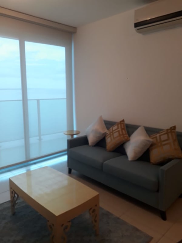 Balcony with glass railing and front views of Pacific Ocean from PH Oasis Punta Pacifica Panama