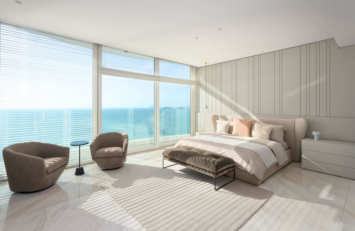 Modern bathroom with double sinks and marble finishes The Towers Paitilla Panama